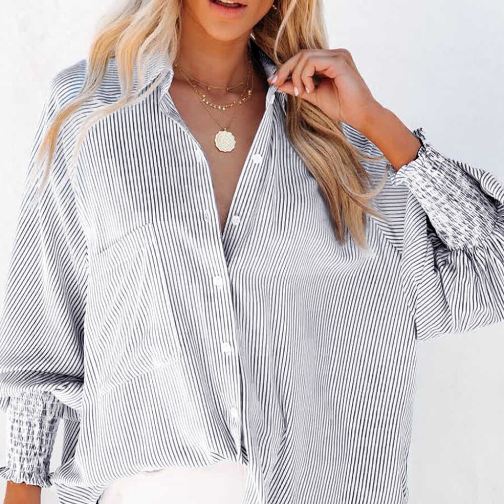 B218 Black Striped Casual Shirred Cuffs